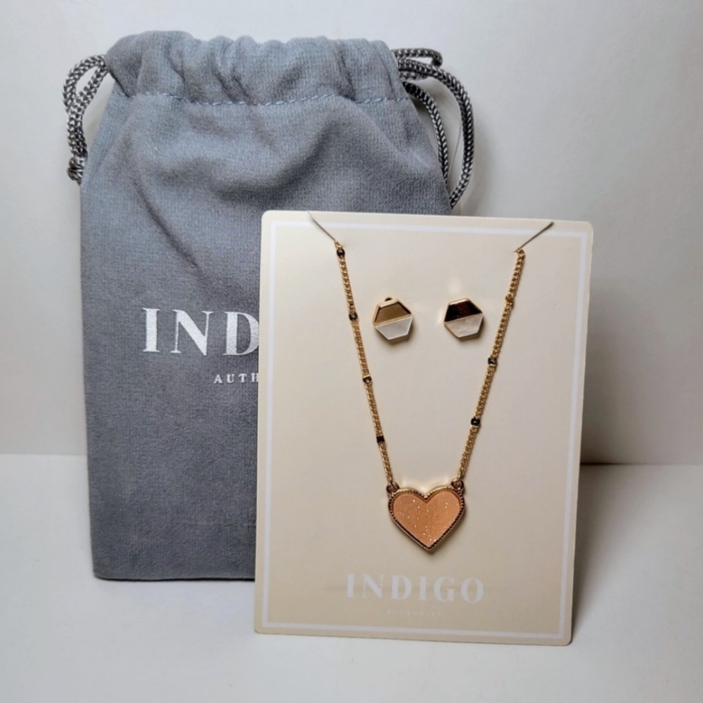 Indigo Authority Elliana Pave Heart Necklace & Earring Set Gold NEW WITH TAGS